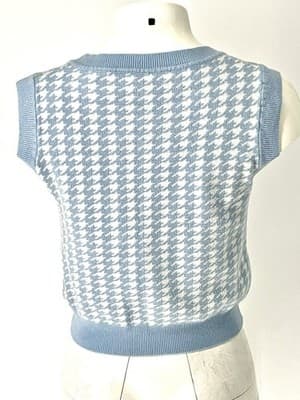 Women’s Pastel Baby Blue Houndstooth cropped Sweater Vest Knit Small White - Thumbnail 2