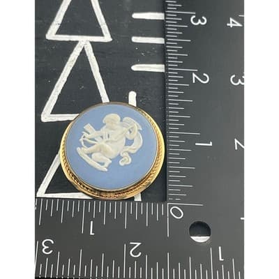 Vintage Van Dell Wedgwood Cupid Jasperware Brooch Pendant GF Blue White Cameo - Thumbnail 11