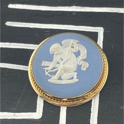 Vintage Van Dell Wedgwood Cupid Jasperware Brooch Pendant GF Blue White Cameo - Thumbnail 3