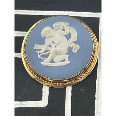 Vintage Van Dell Wedgwood Cupid Jasperware Brooch Pendant GF Blue White Cameo - Thumbnail 2