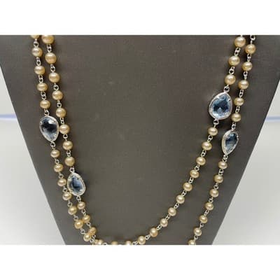 Coro 60" Pearl & Blue Station Necklace Baroque Long Opera Length multi strand - Thumbnail 4