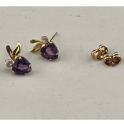 Vintage 14K Gold Amethyst Heart Stud Earrings Petite Leaf Dainty Feb Birthstone - Thumbnail 12