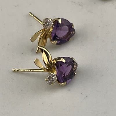 Vintage 14K Gold Amethyst Heart Stud Earrings Petite Leaf Dainty Feb Birthstone - Thumbnail 13