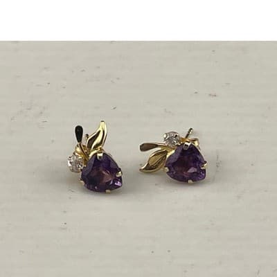 Vintage 14K Gold Amethyst Heart Stud Earrings Petite Leaf Dainty Feb Birthstone - Thumbnail 11