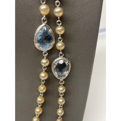 Coro 60" Pearl & Blue Station Necklace Baroque Long Opera Length multi strand - Thumbnail 5