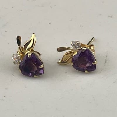 Vintage 14K Gold Amethyst Heart Stud Earrings Petite Leaf Dainty Feb Birthstone - Thumbnail 10