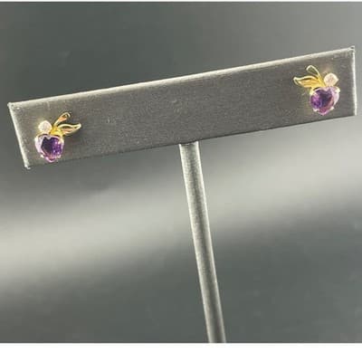 Vintage 14K Gold Amethyst Heart Stud Earrings Petite Leaf Dainty Feb Birthstone - Thumbnail 2
