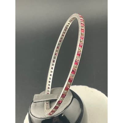 Vintage ERMA Sterling Silver Pink Clear Paste Channel Set Bangle Bracelet 2.5" - Thumbnail 5
