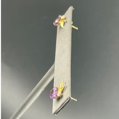 Vintage 14K Gold Amethyst Heart Stud Earrings Petite Leaf Dainty Feb Birthstone - Thumbnail 7