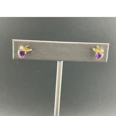 Vintage 14K Gold Amethyst Heart Stud Earrings Petite Leaf Dainty Feb Birthstone - Thumbnail 6