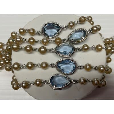 Coro 60" Pearl & Blue Station Necklace Baroque Long Opera Length multi strand - Thumbnail 11