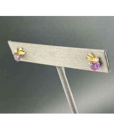 Vintage 14K Gold Amethyst Heart Stud Earrings Petite Leaf Dainty Feb Birthstone - Thumbnail 5
