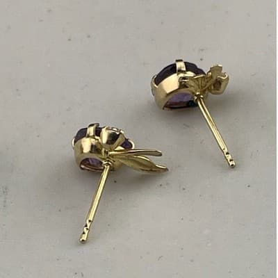 Vintage 14K Gold Amethyst Heart Stud Earrings Petite Leaf Dainty Feb Birthstone - Thumbnail 14
