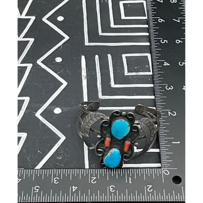 Vintage Sterling Silver Turquoise Coral Shadowbox Cuff Bracelet Southwestern NA - Thumbnail 11