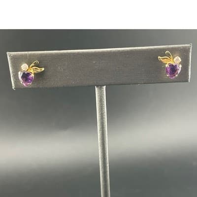Vintage 14K Gold Amethyst Heart Stud Earrings Petite Leaf Dainty Feb Birthstone - Thumbnail 4