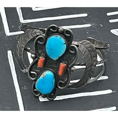 Vintage Sterling Silver Turquoise Coral Shadowbox Cuff Bracelet Southwestern NA - Thumbnail 6