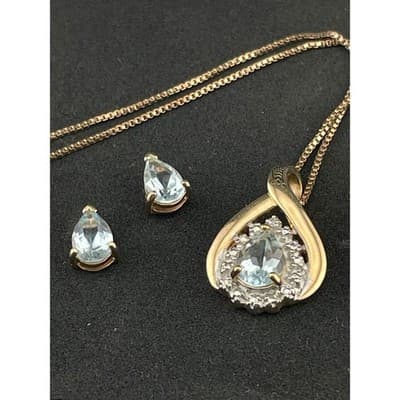 Vintage Sterling Vermeil Blue Topaz Pendant Necklace & Stud Earrings Set 925 - Thumbnail 8