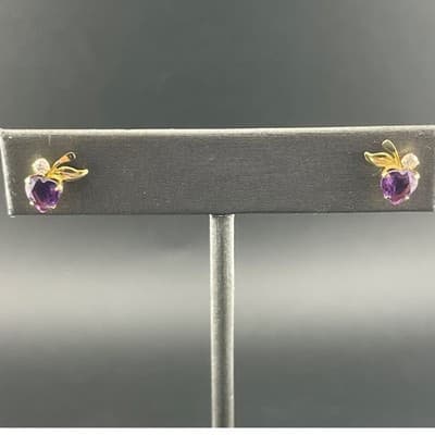 Vintage 14K Gold Amethyst Heart Stud Earrings Petite Leaf Dainty Feb Birthstone - Thumbnail 3