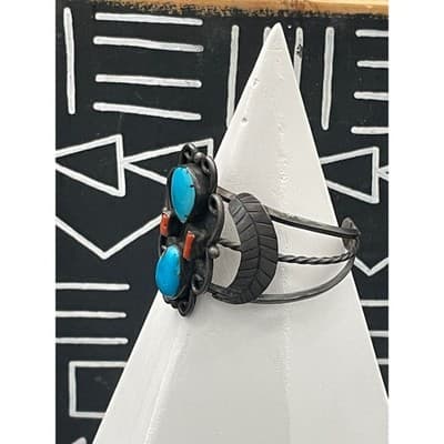 Vintage Sterling Silver Turquoise Coral Shadowbox Cuff Bracelet Southwestern NA - Thumbnail 2