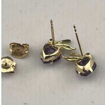Vintage 14K Gold Amethyst Heart Stud Earrings Petite Leaf Dainty Feb Birthstone - Thumbnail 16