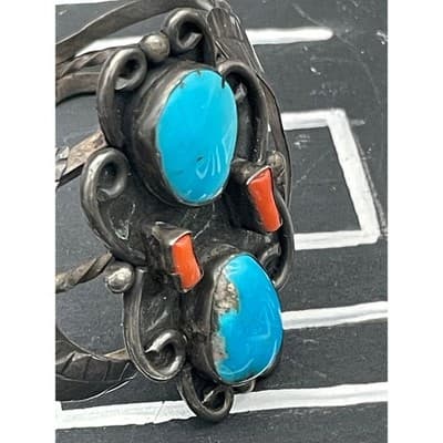 Vintage Sterling Silver Turquoise Coral Shadowbox Cuff Bracelet Southwestern NA - Thumbnail 8