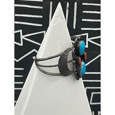 Vintage Sterling Silver Turquoise Coral Shadowbox Cuff Bracelet Southwestern NA - Thumbnail 3