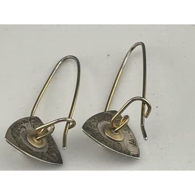 Sterling Silver Modernist Pearl Drop Earrings Mixed Metal Artisan Geo vtg Hoops - Thumbnail 9