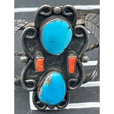 Vintage Sterling Silver Turquoise Coral Shadowbox Cuff Bracelet Southwestern NA - Thumbnail 7