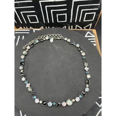 Sorrelli Mixed Cut Crystal Station Necklace Black Blue Gray Rhinestone Signed - Thumbnail 3
