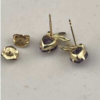 Vintage 14K Gold Amethyst Heart Stud Earrings Petite Leaf Dainty Feb Birthstone - Thumbnail 15