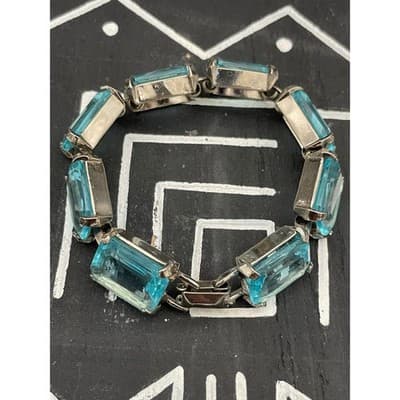 Vintage Aqua Blue Emerald Cut Bracelet Judy Lee Signed Silver Rhinestone Jewelry - Thumbnail 5