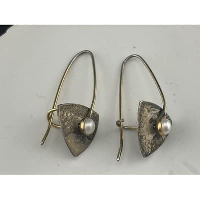 Sterling Silver Modernist Pearl Drop Earrings Mixed Metal Artisan Geo vtg Hoops - Thumbnail 7