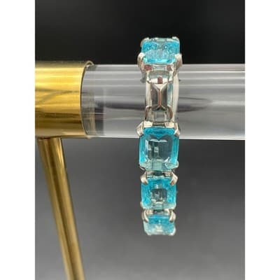 Vintage Aqua Blue Emerald Cut Bracelet Judy Lee Signed Silver Rhinestone Jewelry - Thumbnail 3