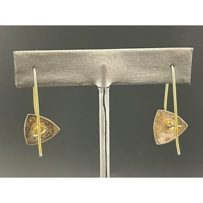 Sterling Silver Modernist Pearl Drop Earrings Mixed Metal Artisan Geo vtg Hoops - Thumbnail 6