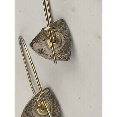 Sterling Silver Modernist Pearl Drop Earrings Mixed Metal Artisan Geo vtg Hoops - Thumbnail 10