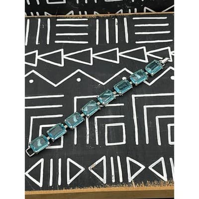 Vintage Aqua Blue Emerald Cut Bracelet Judy Lee Signed Silver Rhinestone Jewelry - Thumbnail 4