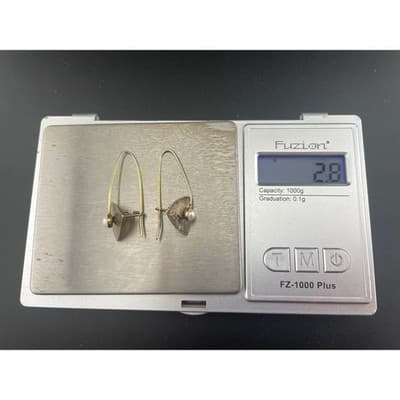 Sterling Silver Modernist Pearl Drop Earrings Mixed Metal Artisan Geo vtg Hoops - Thumbnail 14