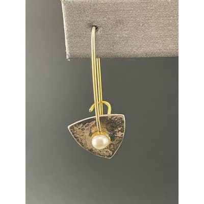 Sterling Silver Modernist Pearl Drop Earrings Mixed Metal Artisan Geo vtg Hoops - Thumbnail 3