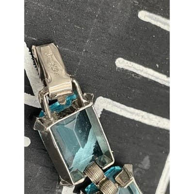 Vintage Aqua Blue Emerald Cut Bracelet Judy Lee Signed Silver Rhinestone Jewelry - Thumbnail 7