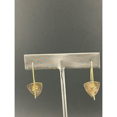 Sterling Silver Modernist Pearl Drop Earrings Mixed Metal Artisan Geo vtg Hoops - Thumbnail 5