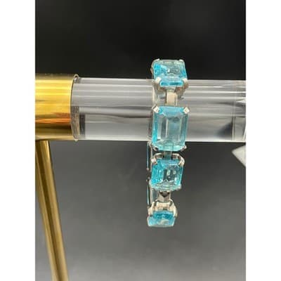 Vintage Aqua Blue Emerald Cut Bracelet Judy Lee Signed Silver Rhinestone Jewelry - Thumbnail 2