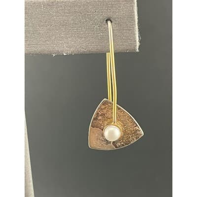 Sterling Silver Modernist Pearl Drop Earrings Mixed Metal Artisan Geo vtg Hoops - Thumbnail 2