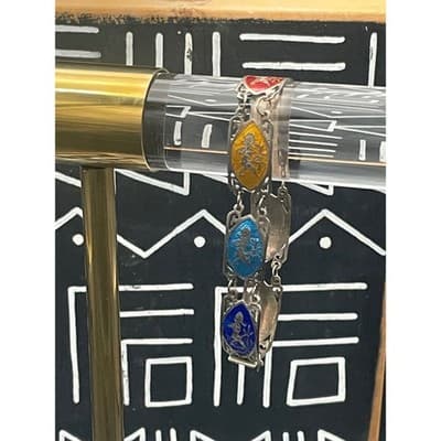 Vintage Siam Sterling Silver Enamel Bracelet Thai Dancer Panel Multicolor Niello - Thumbnail 2