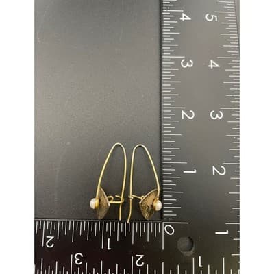Sterling Silver Modernist Pearl Drop Earrings Mixed Metal Artisan Geo vtg Hoops - Thumbnail 13