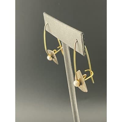 Sterling Silver Modernist Pearl Drop Earrings Mixed Metal Artisan Geo vtg Hoops - Thumbnail 4