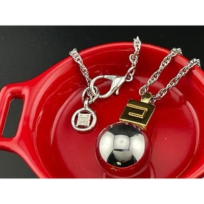 Givenchy Orb Pendant Necklace Silver Tone Gold Cube Charm Long 35" Modernist 90s - Thumbnail 3