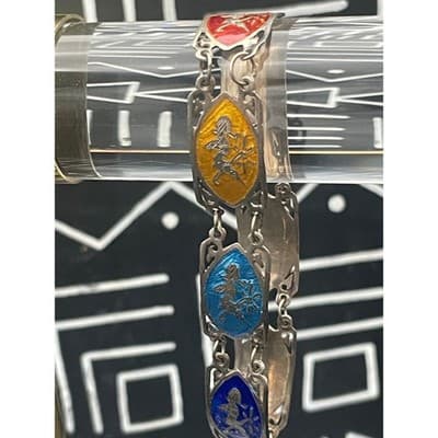 Vintage Siam Sterling Silver Enamel Bracelet Thai Dancer Panel Multicolor Niello - Thumbnail 4