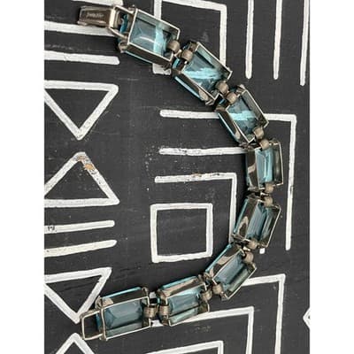 Vintage Aqua Blue Emerald Cut Bracelet Judy Lee Signed Silver Rhinestone Jewelry - Thumbnail 6