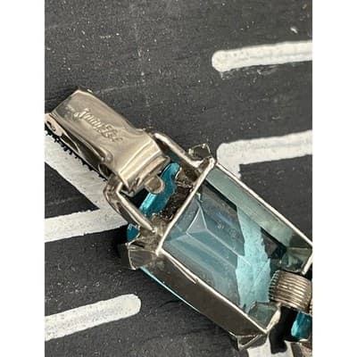 Vintage Aqua Blue Emerald Cut Bracelet Judy Lee Signed Silver Rhinestone Jewelry - Thumbnail 8