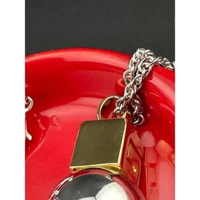 Givenchy Orb Pendant Necklace Silver Tone Gold Cube Charm Long 35" Modernist 90s - Thumbnail 7